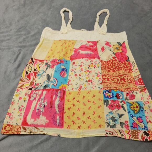 MKM Shirt Womens Small Pink Patchwork Strap Tank Top Beige Smocked Back Button - Picture 1 of 11